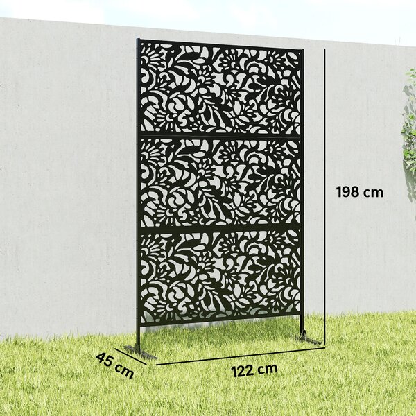 Outsunny Pannello frangivista decorativo esterno Claustra decorativo giardino 3 pannelli a motivo floreale Acciaio 122 x 45 x 198 cm Nero | Aosom Italy