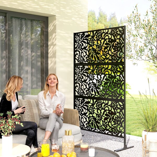 Outsunny Pannello frangivista decorativo esterno Claustra decorativo giardino 3 pannelli a motivo floreale Acciaio 122 x 45 x 198 cm Nero | Aosom Italy