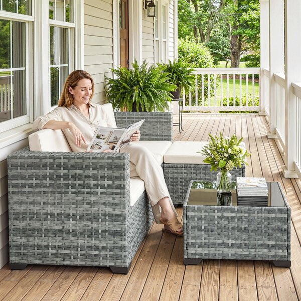 Outsunny Set di mobili da giardino in polyrattan 5 pezzi, set lounge con divano angolare pouf tavolo cuscini seduta e schienale Grigio+Bianco crema | Aosom Italy