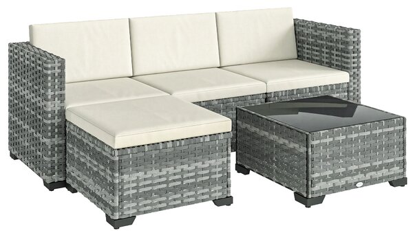 Outsunny Set di mobili da giardino in polyrattan 5 pezzi, set lounge con divano angolare pouf tavolo cuscini seduta e schienale Grigio+Bianco crema | Aosom Italy