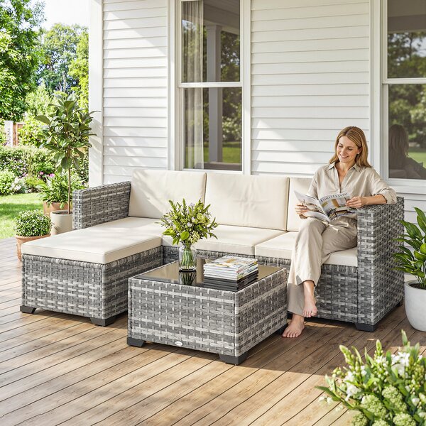 Outsunny Set di mobili da giardino in polyrattan 5 pezzi, set lounge con divano angolare pouf tavolo cuscini seduta e schienale Grigio+Bianco crema | Aosom Italy
