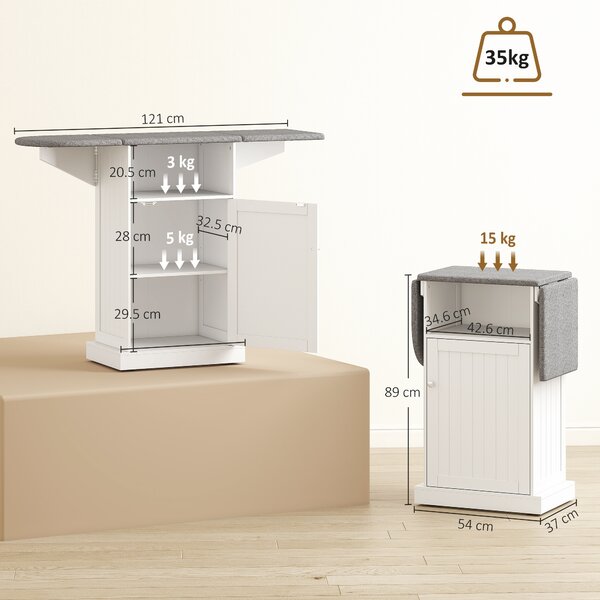 HOMCOM Mobile Asse da Stiro Pieghevole a Rotelle con Ripiano Aperto e Armadietto, 121x37x89 cm, Bianco e Grigio | Aosom Italy