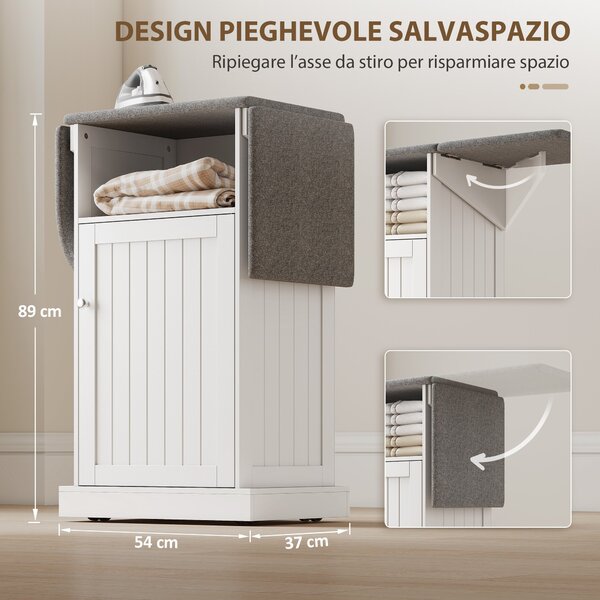 HOMCOM Mobile Asse da Stiro Pieghevole a Rotelle con Ripiano Aperto e Armadietto, 121x37x89 cm, Bianco e Grigio | Aosom Italy