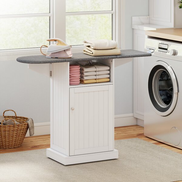 HOMCOM Mobile Asse da Stiro Pieghevole a Rotelle con Ripiano Aperto e Armadietto, 121x37x89 cm, Bianco e Grigio | Aosom Italy