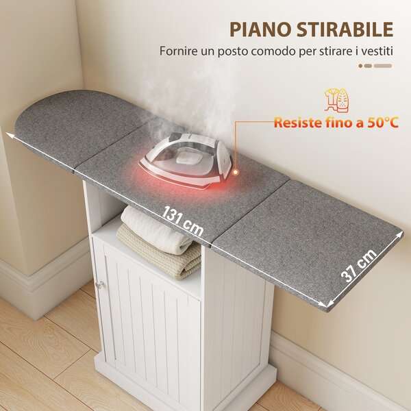 HOMCOM Mobile Asse da Stiro Pieghevole a Rotelle con Ripiano Aperto e Armadietto, 121x37x89 cm, Bianco e Grigio | Aosom Italy