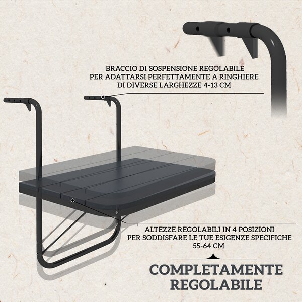 Outsunny Tavolino da Balcone Pieghevole e Regolabile, in Alluminio e Legno Composito, 60x40x55-64 cm, Nero | Aosom Italy