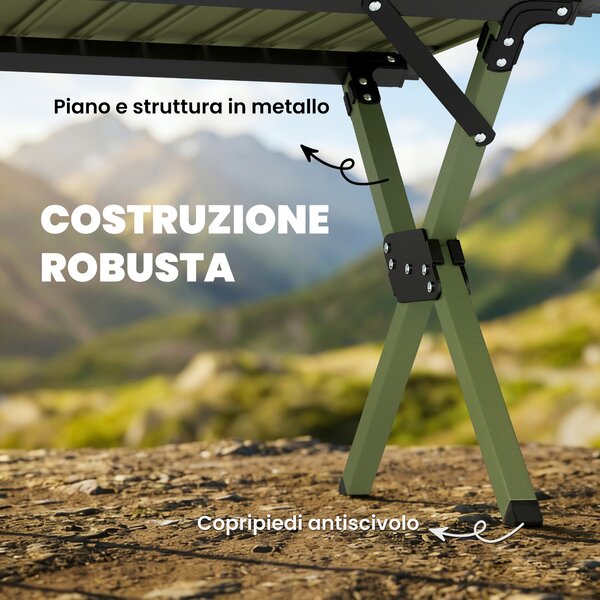 Outsunny Tavolo da Campeggio Pieghevole 116 cm, Tavolo da Picnic Impermeabile con Piano Arrotolabile e Struttura in Metallo, Verde | Aosom Italy
