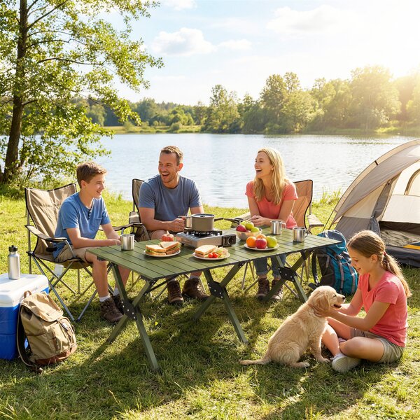 Outsunny Tavolo da Campeggio Pieghevole 116 cm, Tavolo da Picnic Impermeabile con Piano Arrotolabile e Struttura in Metallo, Verde | Aosom Italy