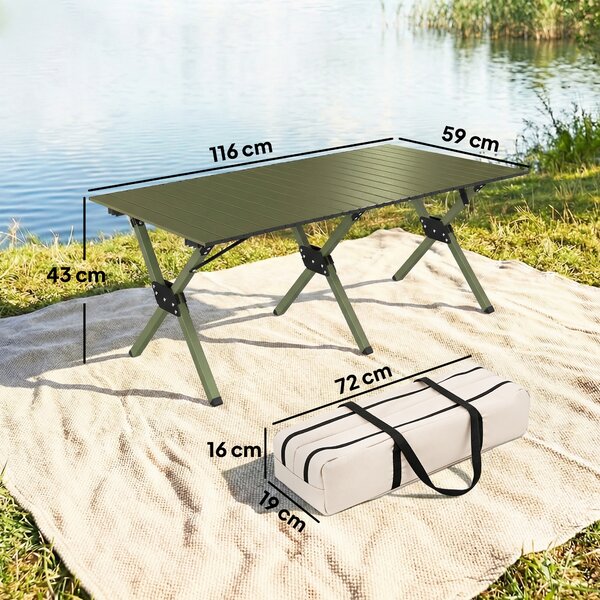 Outsunny Tavolo da Campeggio Pieghevole 116 cm, Tavolo da Picnic Impermeabile con Piano Arrotolabile e Struttura in Metallo, Verde | Aosom Italy