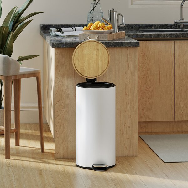 HOMCOM Bidone della Spazzatura per Cucina 30L con Pedale, Coperchio in Bambù con Chiusura Delicata e Cubo Estraibile, Bianco | Aosom Italy