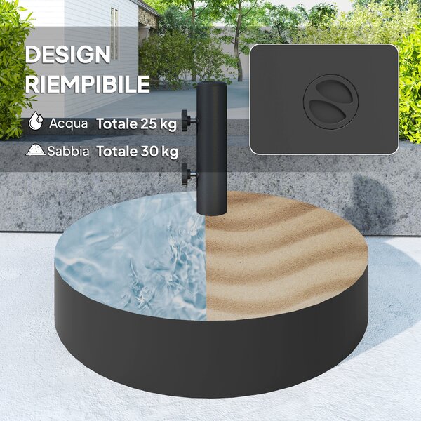 Outsunny Base per Ombrellone Riempibile con Acqua 25kg/Sabbia a 30 kg, per Pali di Ombrelloni da Ø36/38/48 mm, Nero | Aosom Italy