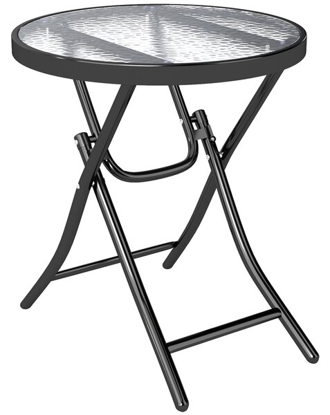 Outsunny Tavolo da Giardino Pieghevole Nero in Metallo con Ripiano in Vetro, Diametro 45x50cm, Blocco di Sicurezza|Aosom