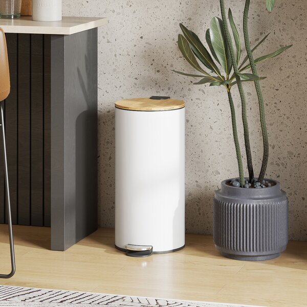 HOMCOM Bidone della Spazzatura per Cucina 30L con Pedale, Coperchio in Bambù con Chiusura Delicata e Cubo Estraibile, Bianco | Aosom Italy