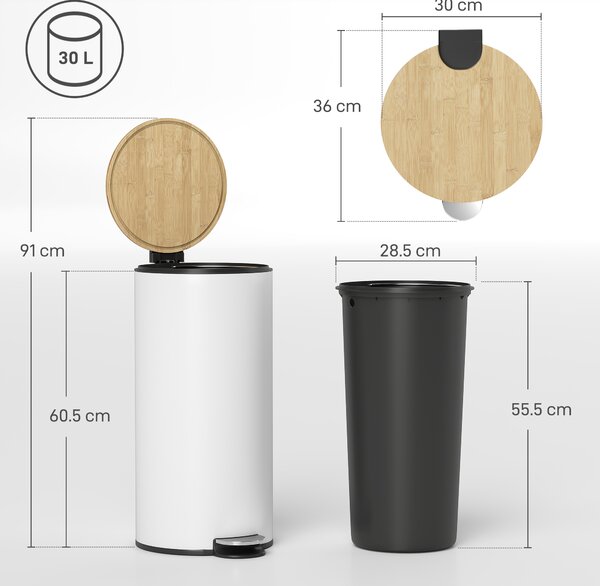 HOMCOM Bidone della Spazzatura per Cucina 30L con Pedale, Coperchio in Bambù con Chiusura Delicata e Cubo Estraibile, Bianco | Aosom Italy