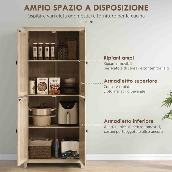 HOMCOM Mobile Cucina a 4 Ante con Mensole Regolabili e Base Rialzata in Legno 80x40x182cm|Aosom