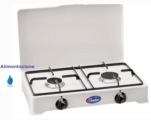 Fornello 2 fuochi con coperchio, GAS bruciatori lega Pyral N2 Dimensioni 46,5x28,5x10,5 cm spartifiamma e griglia smaltati Colore bianco smaltato