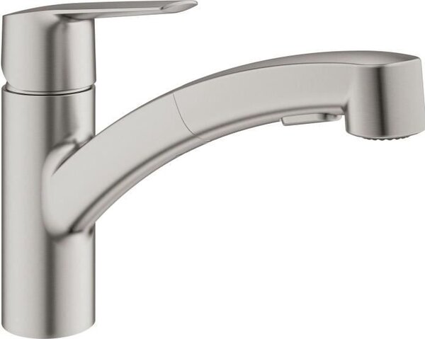 Rubinetto da cucina, Supersteel, miscelatore monocomando, bocca estraibile, bocca bassa, orientabile a 90°, GROHE Start
