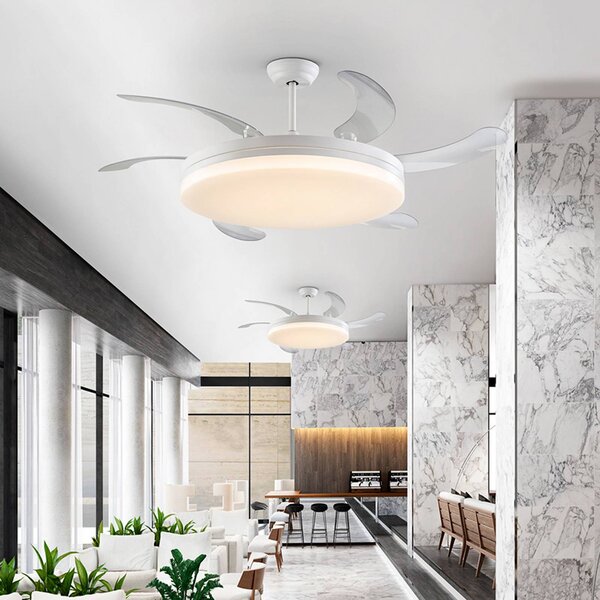 Schuller Valencia Ventilatore da soffitto LED Vento bianco/trasparente, DC Ø 150 cm silenzioso Vento, dimmerabile, Chiaro / Trasparente, Soggiorno / Sala da pranzo, Metallo, Moderno