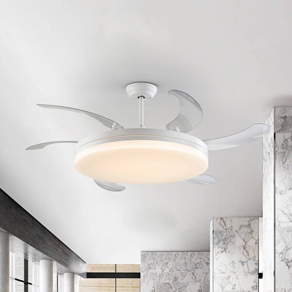 Schuller Valencia Ventilatore da soffitto LED Vento bianco/trasparente, DC Ø 150 cm silenzioso Vento, dimmerabile, Chiaro / Trasparente, Soggiorno / Sala da pranzo, Metallo, Moderno