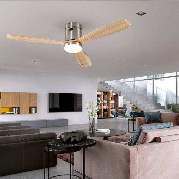 Schuller Valencia Ventilatore da soffitto LED Siroco, nichel/legno chiaro Ø 132 cm silenzioso dimmerabile, Legno chiaro, Soggiorno / Sala da pranzo, Metallo, Moderno