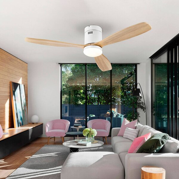 Schuller Valencia Ventilatore da soffitto LED Siroco, bianco/legno chiaro Ø 132 cm, silenzioso dimmerabile, Legno chiaro, Soggiorno / Sala da pranzo, Metallo, Moderno