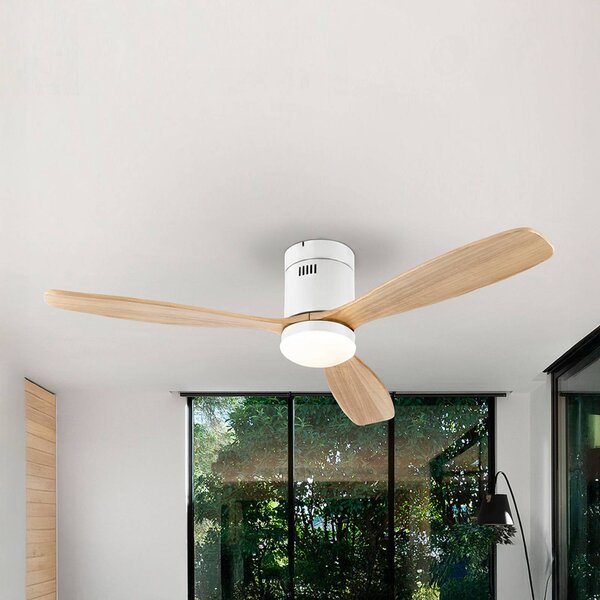 Schuller Valencia Ventilatore da soffitto LED Siroco, bianco/legno chiaro Ø 132 cm, silenzioso dimmerabile, Legno chiaro, Soggiorno / Sala da pranzo, Metallo, Moderno