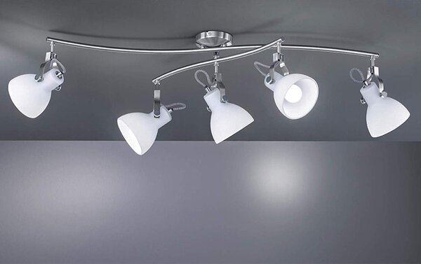 Fantastica lampada da soffitto a 5 luci in nichel opaco/bianco. Faretti orientabili e ruotabili singolarmente
