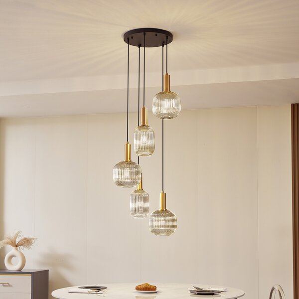 Lampada a sospensione Lindby, Doroteo, dimmerabile, Grigio, Sala da pranzo, Vetro, Vintage