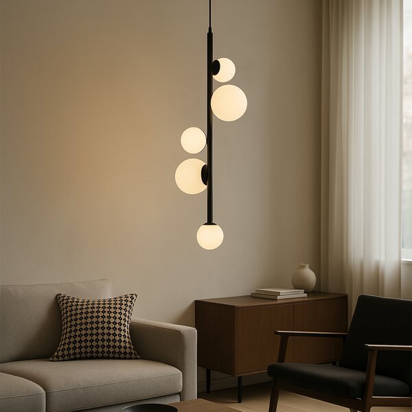 Lampada a Sospensione di Design Nera con Vetro Satinato a 5 Luci - Vertical