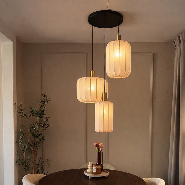 Lampada a sospensione Japandi nera e oro con paralume beige a 3 luci - Pluni
