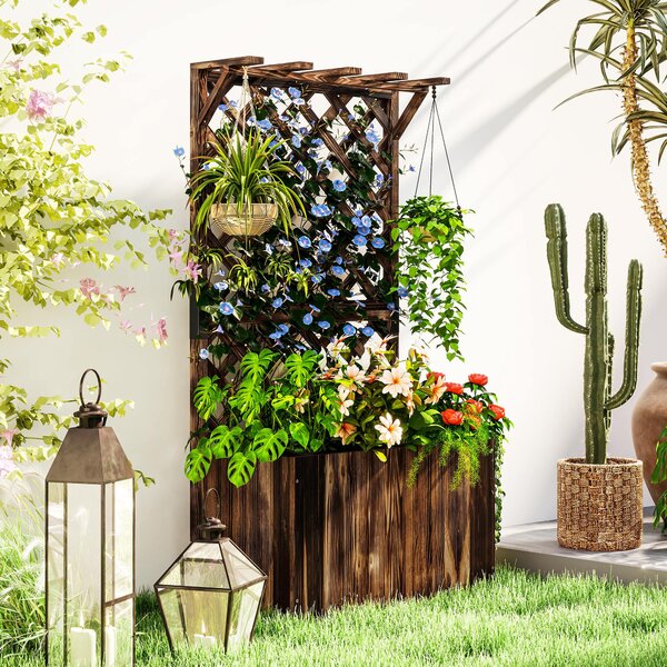 Outsunny Aiuola rialzata con griglia rampicante, in legno, 64 x 33 x 122cm Marrone | Aosom Italy