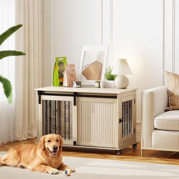 PawHut Box per cani su ruote, porta scorrevole, in legno e acciaio, 100 x 56 x 65 cm, Rovere | Aosom Italy