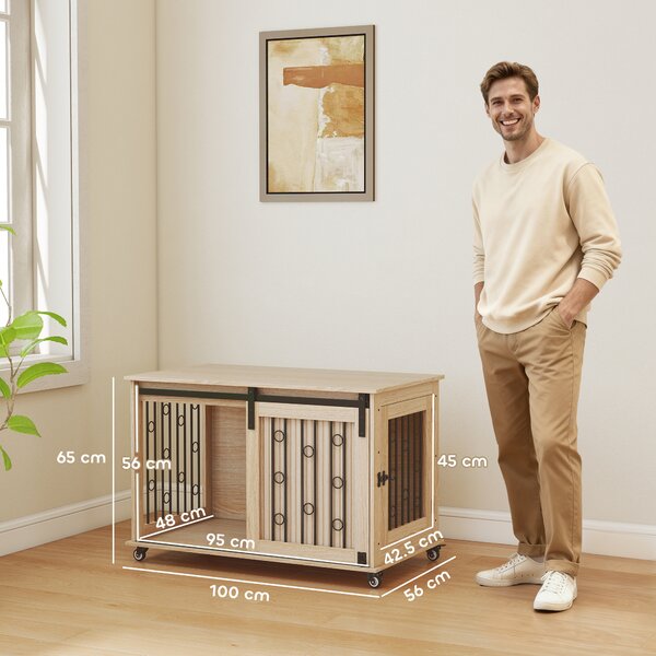 PawHut Box per cani su ruote, porta scorrevole, in legno e acciaio, 100 x 56 x 65 cm, Rovere | Aosom Italy