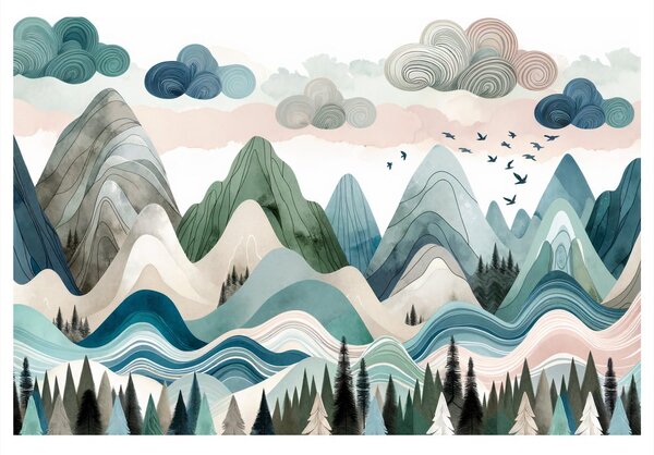 Quadro su tela – Paesaggio montano colorato con foresta