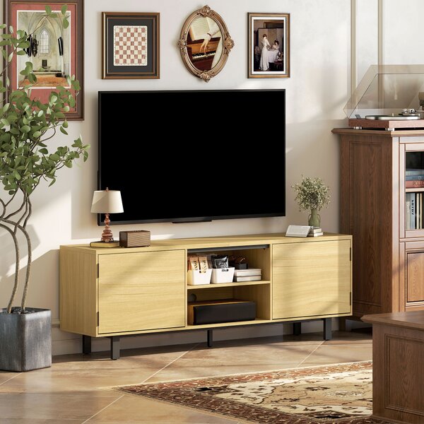 HOMCOM Mobile TV, per televisori fino a 165,1 cm, 2 ante ad apertura a pressione e 2 ripiani, 160x35x55,5cm, Legno naturale | Aosom Italy
