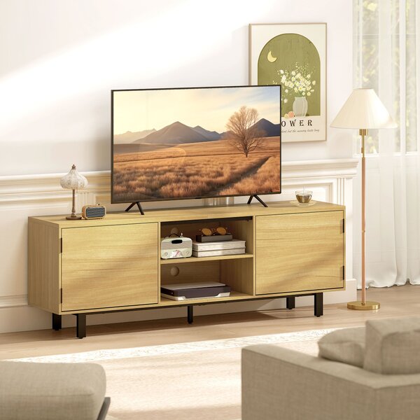 HOMCOM Mobile TV, per televisori fino a 165,1 cm, 2 ante ad apertura a pressione e 2 ripiani, 160x35x55,5cm, Legno naturale | Aosom Italy