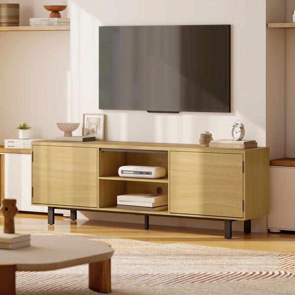 HOMCOM Mobile TV, per televisori fino a 165,1 cm, 2 ante ad apertura a pressione e 2 ripiani, 160x35x55,5cm, Legno naturale | Aosom Italy