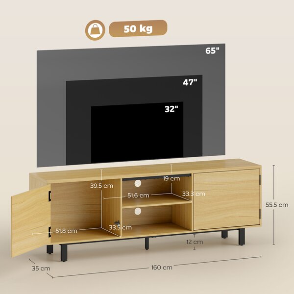 HOMCOM Mobile TV, per televisori fino a 165,1 cm, 2 ante ad apertura a pressione e 2 ripiani, 160x35x55,5cm, Legno naturale | Aosom Italy