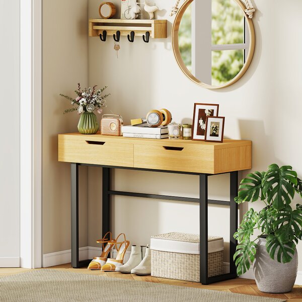 HOMCOM Consolle stretta con 2 cassetti, struttura metallica, per ingresso 110 x 35 x 76,5 cm Legno naturale | Aosom Italy
