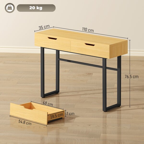 HOMCOM Consolle stretta con 2 cassetti, struttura metallica, per ingresso 110 x 35 x 76,5 cm Legno naturale | Aosom Italy