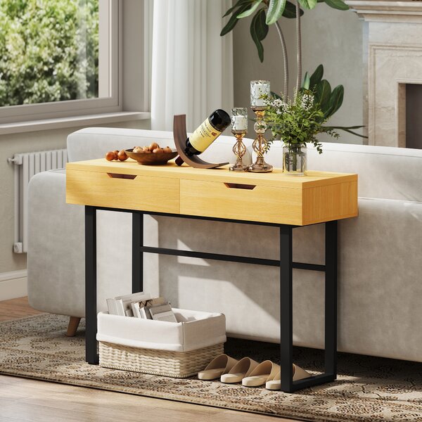 HOMCOM Consolle stretta con 2 cassetti, struttura metallica, per ingresso 110 x 35 x 76,5 cm Legno naturale | Aosom Italy