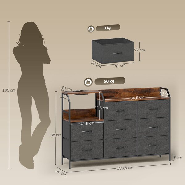 HOMCOM Cassettiera, con stazione di ricarica, 8 cassetti in tessuto, ripiano aperto, 130,5x30x88cm, Marrone | Aosom Italy