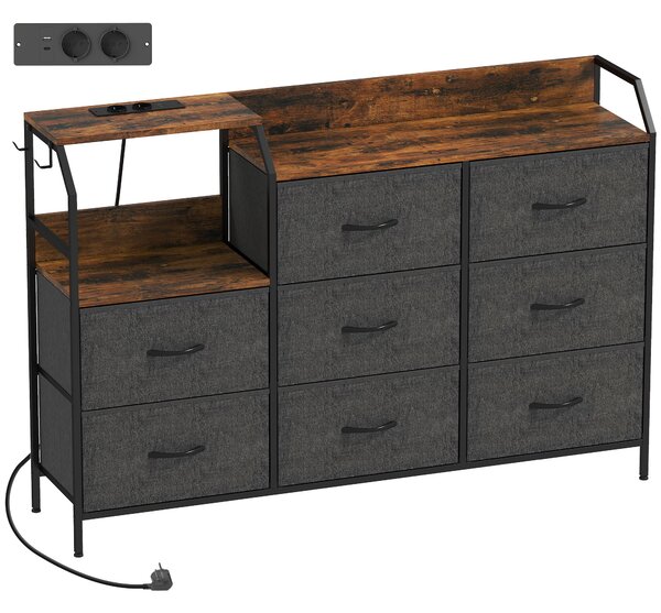 HOMCOM Cassettiera, con stazione di ricarica, 8 cassetti in tessuto, ripiano aperto, 130,5x30x88cm, Marrone | Aosom Italy