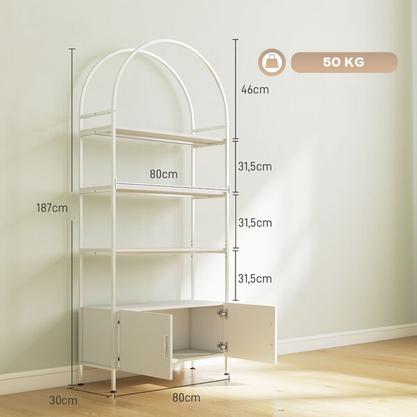 HOMCOM Scaffale portaoggetti, libreria ad arco a 4 ripiani con armadietto a doppia anta, 80 x 30 x 187 cm, bianco | Aosom Italy