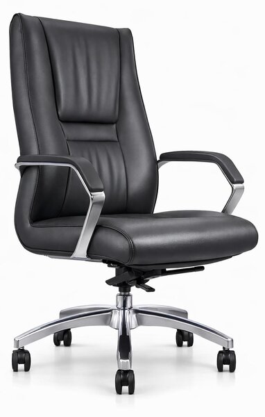Poltrona da ufficio ergonomica, rivestita in ecopelle nera e con struttura in cromo