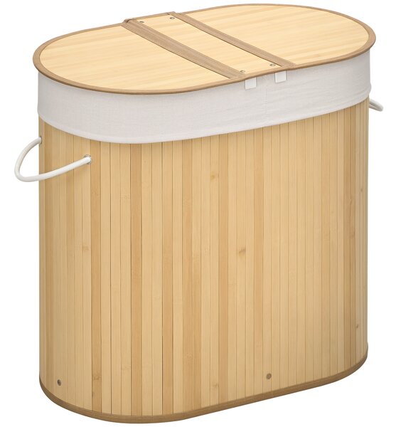 HOMCOM Cesto Portabiancheria in Bambù a 2 Sezioni, 2 Coperchi e Capacità 100L con Sacca Interna Removibile, 62.5x37x60.5 cm, Bianco e Color Legno