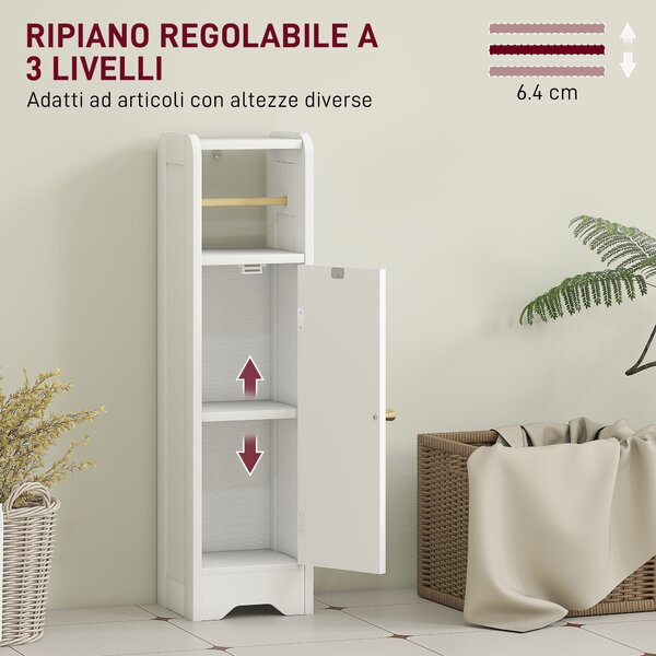HOMCOM Mobile Porta Carta Igienica in Legno con Armadietto con Ripiano Interno Regolabile, 21x20x79 cm, Bianco | Aosom Italy