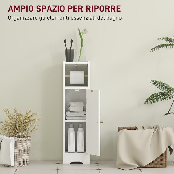 HOMCOM Mobile Porta Carta Igienica in Legno con Armadietto con Ripiano Interno Regolabile, 21x20x79 cm, Bianco | Aosom Italy