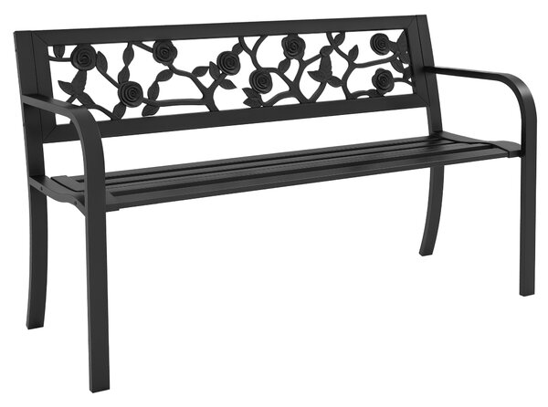 Outsunny Panchina da Giardino 2 Posti in Acciaio con Schienale Decorato e Braccioli, 127x50x75cm, Nero