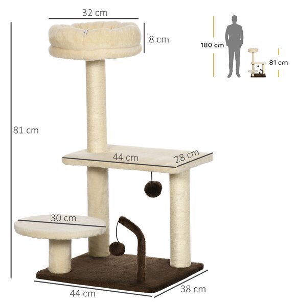 PawHut Albero Tiragraffi per Gatti con Palo in Sisal, Posatoio e Palline da Gioco, in Truciolato e Peluche, 44x38x74 cm, Beige|Aosom